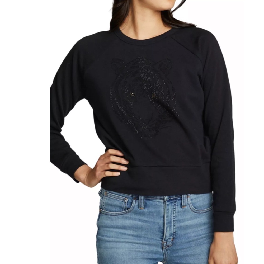 Chaser Women's Tiger Cotton Fleece Long Sleeve Crew Neck Black Sweatshirt - Picture 2 of 4